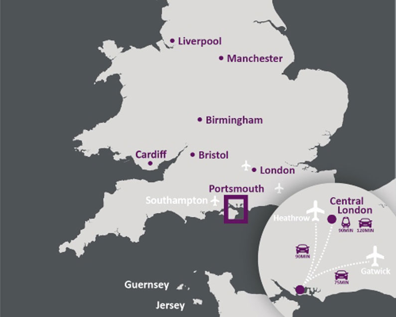 London map marked with Portsmouth location